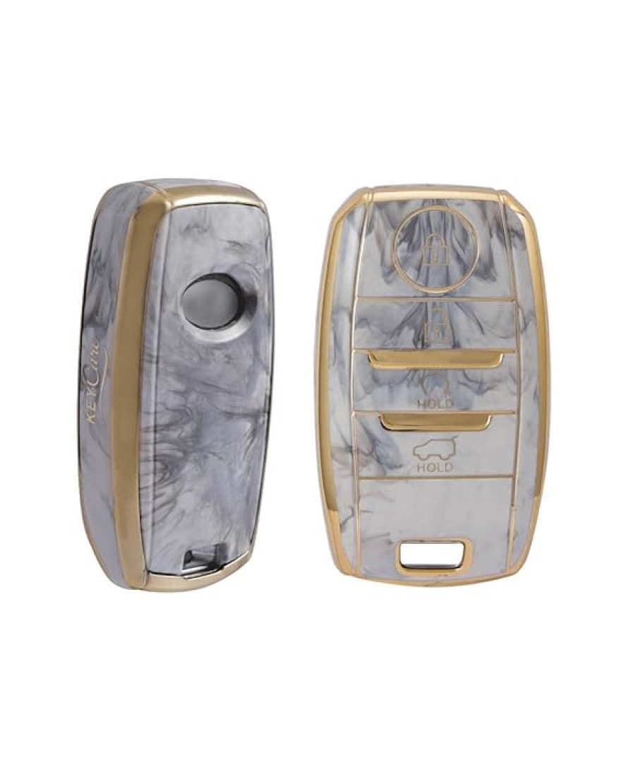 Keycare TPU Key Cover Compatible for Sonet, Carens, Seltos, Seltos X-line 4b Smart Key | Push Button Start Models, Compare Key Shape And Buttons Before Ordering | TP61 Marble Finish 